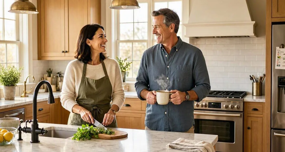 Couple preparing vegetables together on a kitchen island